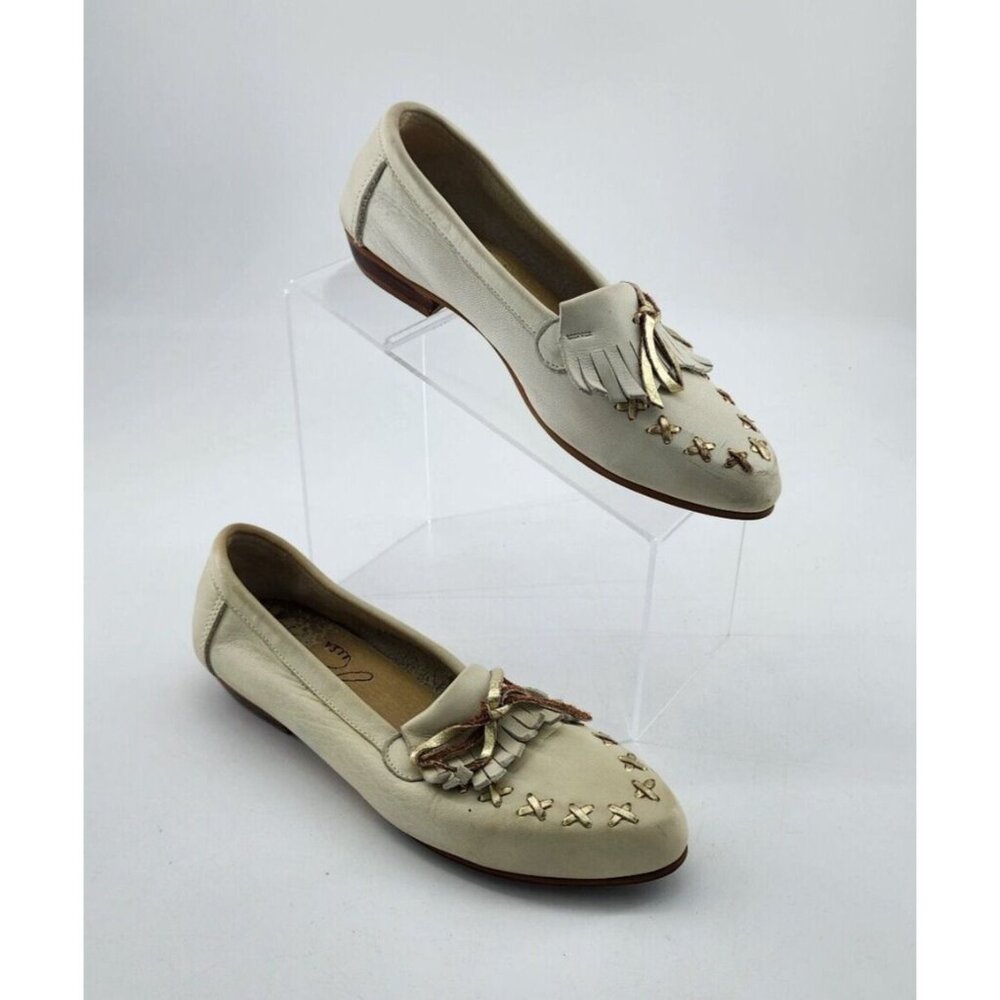 Vtg ZODIAC USA Women's Slip On Moccasin Kiltie Loafers Ivory/Gold Leather Sz 7.5